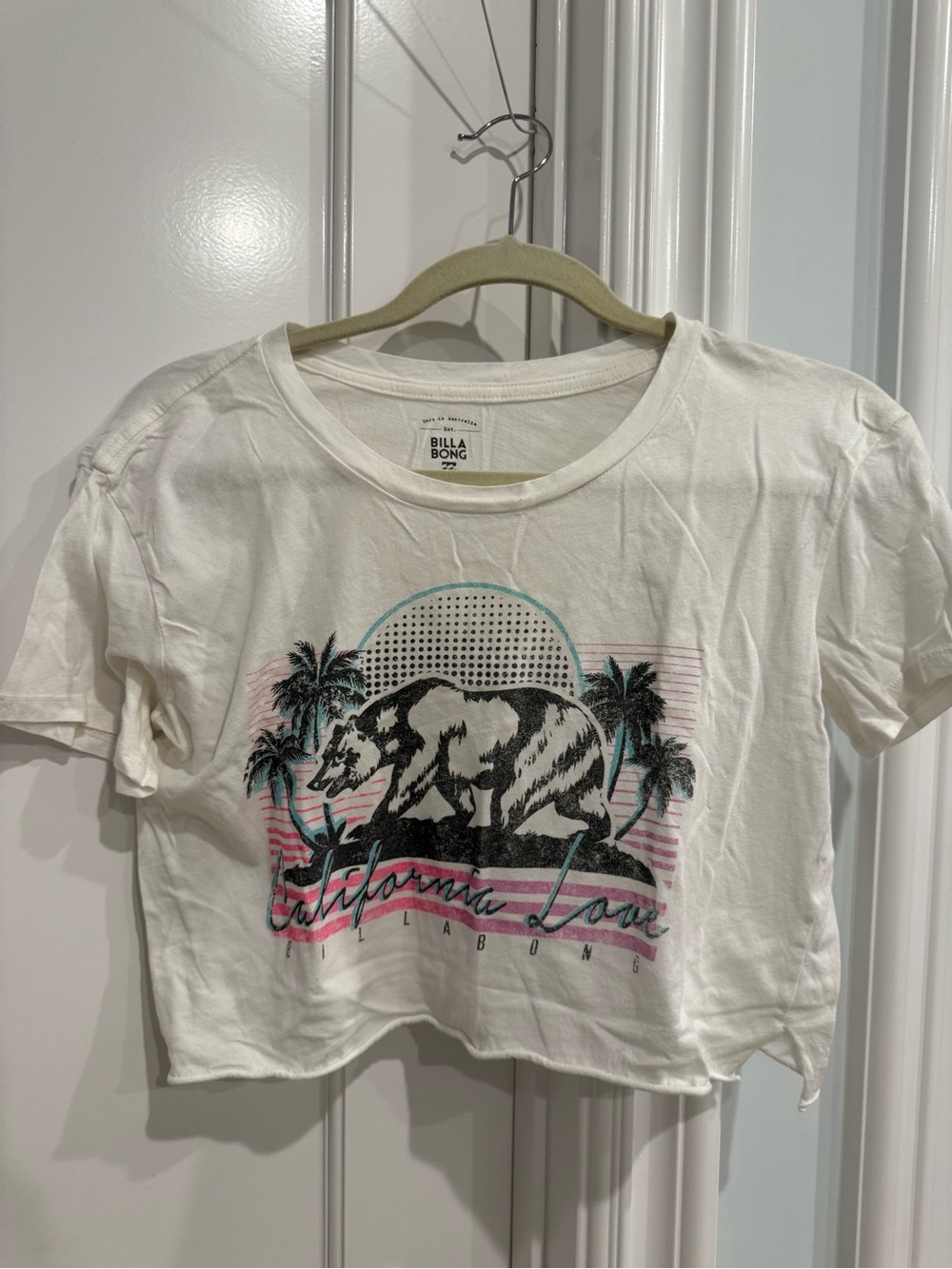 Billabong White Graphic Palm & Bear Crop Top with Teal and Pink Accents